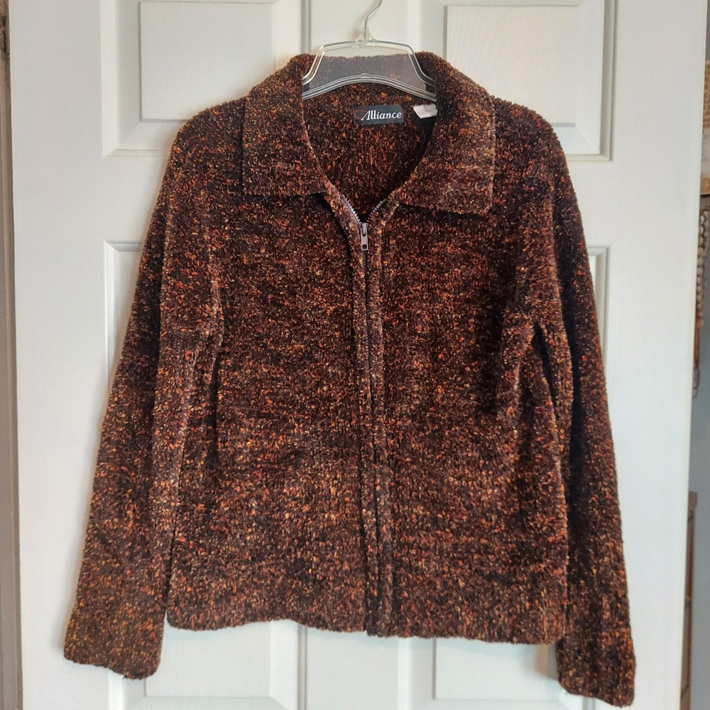 Vintage Alliance Women's Textured Zip Front Cardigan Sweater Jacket Brown Large